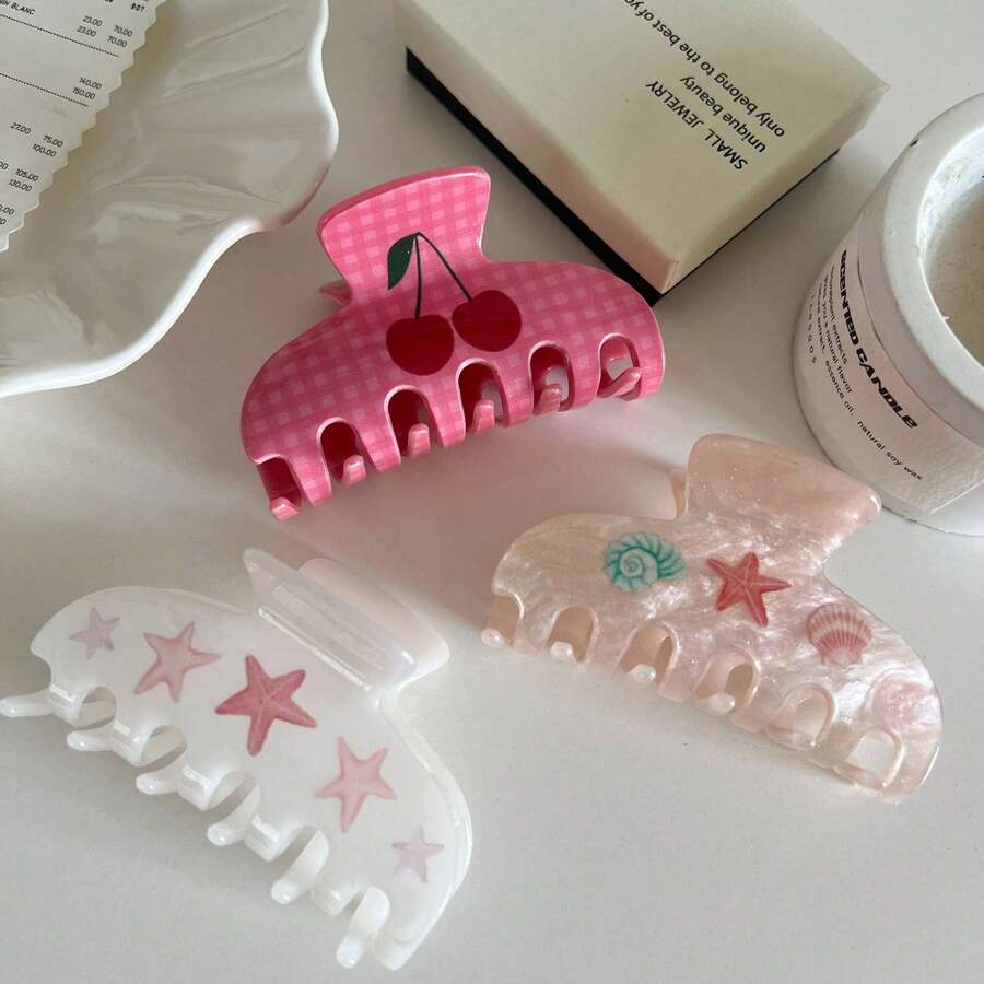 3 piezas/1 pieza Pinzas para el cabello de mujer con diseño de estrella de mar y concha, de gran tamaño y con estampado de serie oceánica colorida, estilo de verano, accesorios para el cabello de playa, pinzas de vacaciones - Multicolor - Ver 1