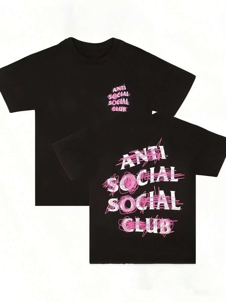 Cotton Double-Sided Printed, Anti Social Club Printed T-Shirt, Suitable For Daily Wear, Casual Summer Wear, Slightly Elastic, Breathable, Outdoor Holiday Sports, Gift T-Shirt, Holiday Gift, Perfe Shirts,Graphic Tee, Clothes,Loose Fit - 黑色 - 查看 1