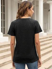 Women's Feather Print Loose Fit Round Neck Short Sleeve Casual T-Shirt For Spring Summer - 黑色 - 查看 4