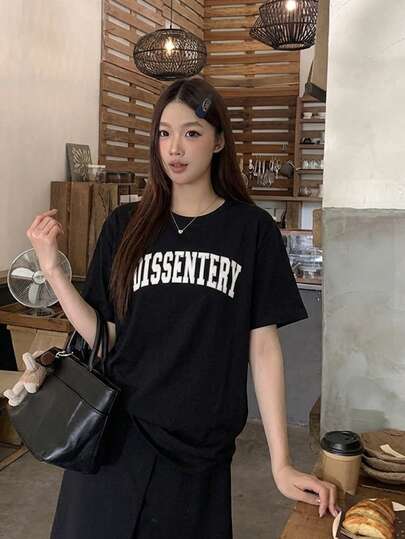 女士夏季字母印花撞色休闲宽松T恤