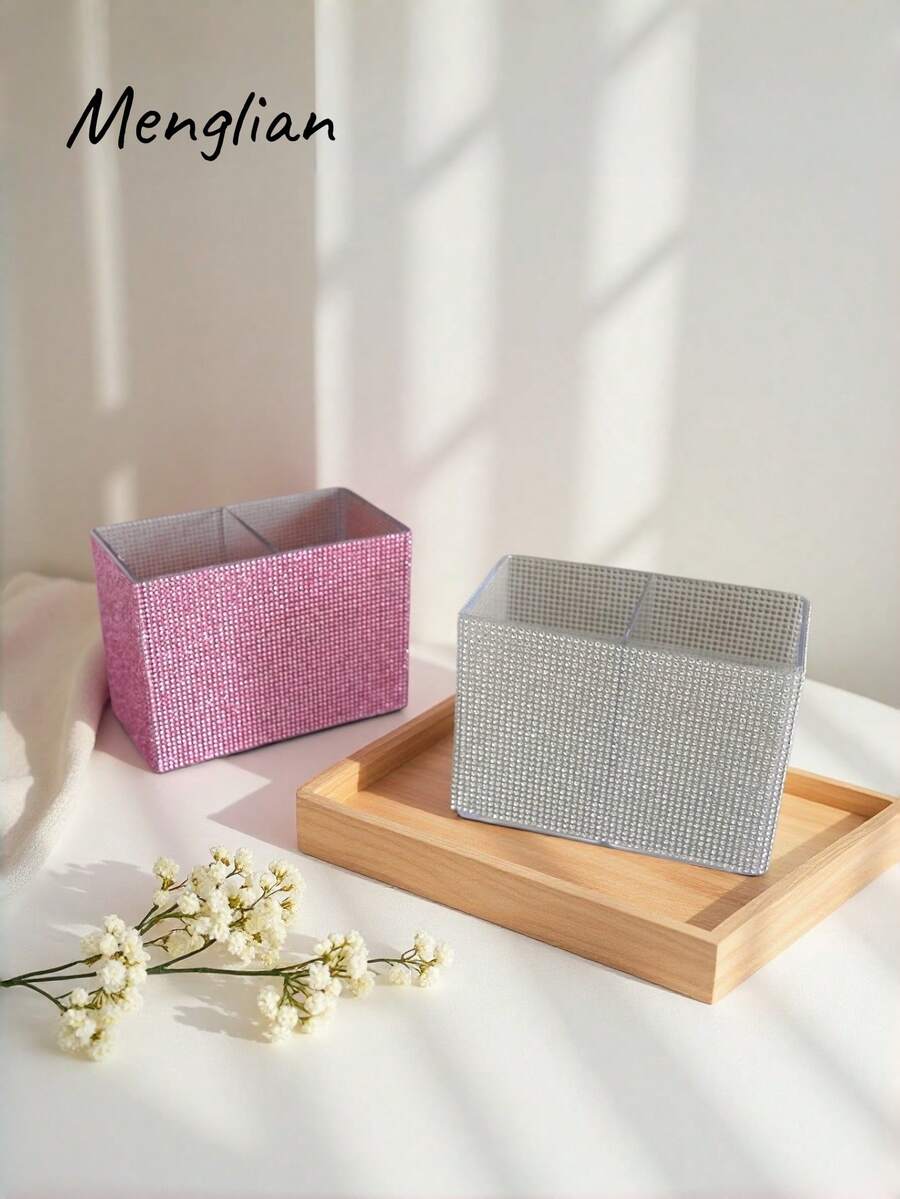 2-Compartment Rhinestone Makeup Brush Holder - Embedded Diamond Desktop Vanity Storage Box, Ideal Gift For Storing Makeup Tools, Cosmetics And Stationery, Suitable For Wedding Season And Mother's Day - Multicolor - View 1