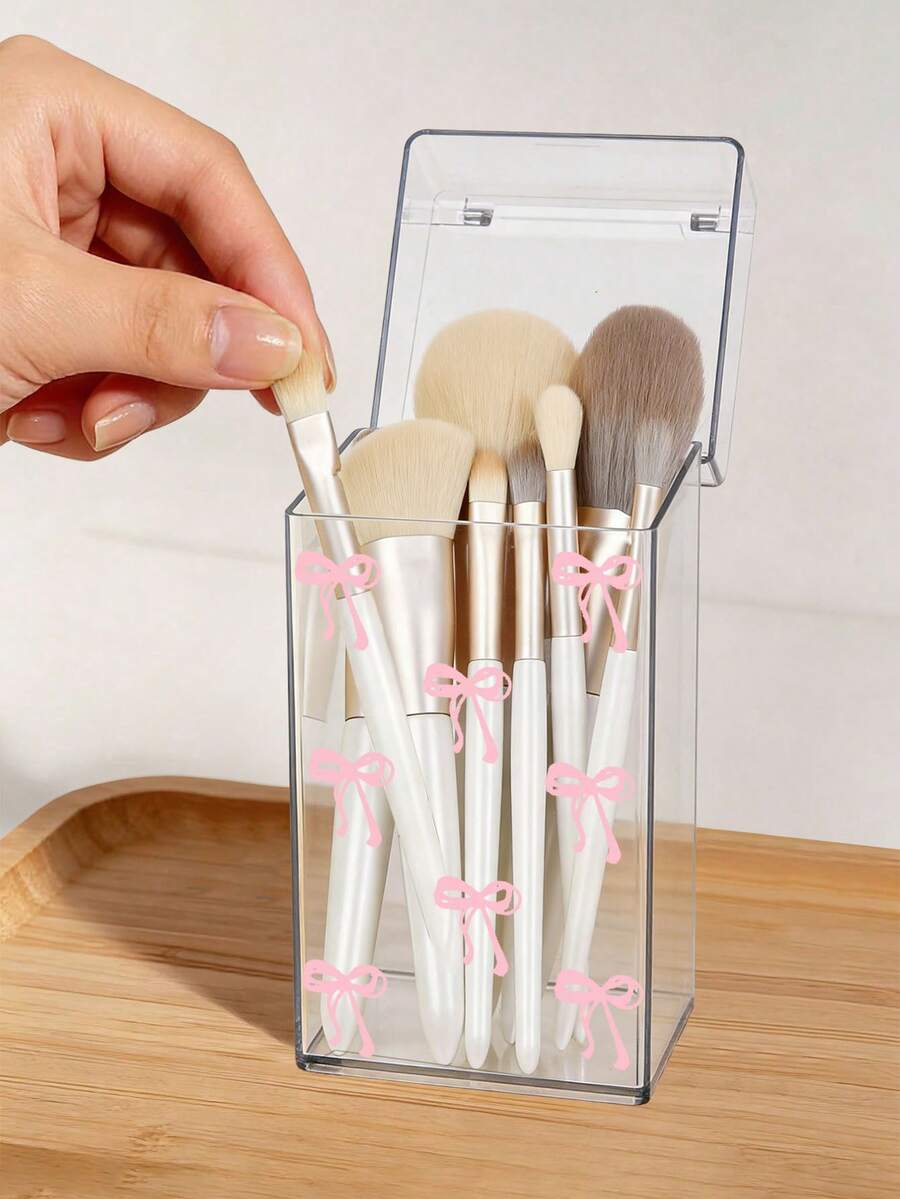 New Bow Pattern Dust-Proof Makeup Brush Storage Holder,Transparent Desktop Organizer With Cover, Makeup Brush And Pen Holder, Dust-Proof Storage Box For Cosmetics, Stationery, And Small Items, Multi-Functional Stand Makeup Brush Holder For Home And Office Use, With Dust-Proof Cover, Acrylic Makeup Storage Box, Large Capacity Vanity Brush Holder,For Holiday Beach, Bathroom Collection, Bedroom Collection, Large Capacity - Multicolor - View 1
