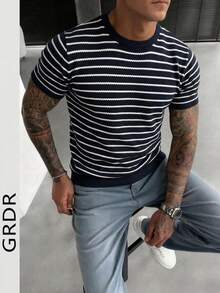 Áo thun nam tay ngắn cổ tròn dáng ôm GRDR thoáng khí mùa hè, kẻ sọc phối màu tương phản, chất liệu jacquard, thích hợp cho người đi làm. - Màu xanh hải quân - Xem 1