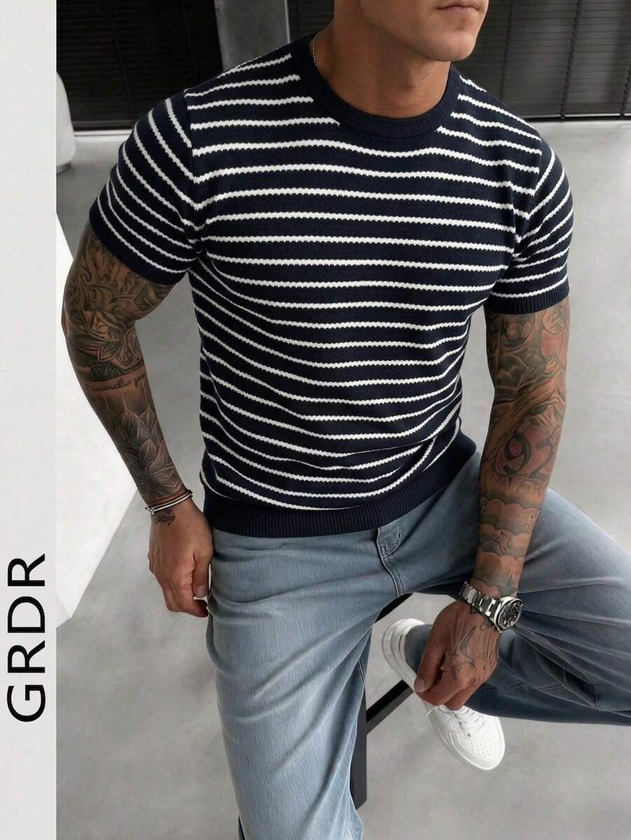 Áo thun nam tay ngắn cổ tròn dáng ôm GRDR thoáng khí mùa hè, kẻ sọc phối màu tương phản, chất liệu jacquard, thích hợp cho người đi làm. - Màu xanh hải quân - Xem 1