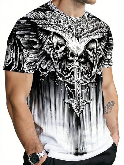 暗黑哥特风3D骷髅翅膀与宝剑印花短袖T恤，男士渐变印花休闲街头风T恤，复古哥特风