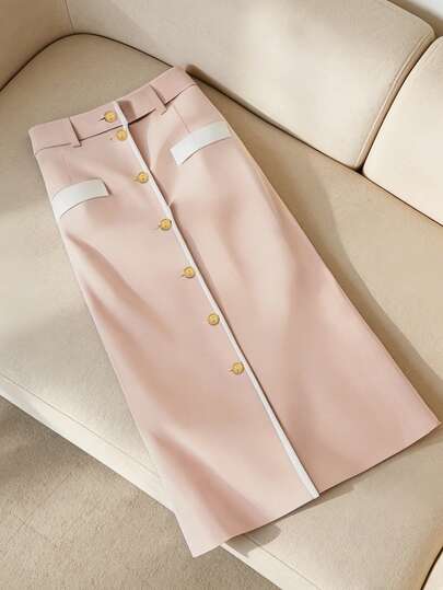 Women's Casual Elegant Daily Versatile High Waist Slimming Metal Button Front Slit Design Contrast Trim Straight Skirt, Pink, Spring/Summer