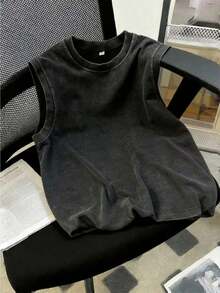 Oversized Distressed Gray Sleeveless Tank Top, Loose Fit Vintage Washed Style, Wide Shoulder Cut, Casual Summer Versatiletank Tops, Summer Tops, Camisas Para Hombre - 黑色 - 查看 2