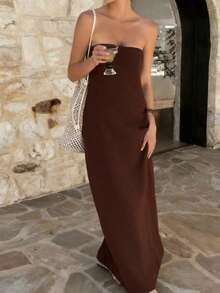 Vestido de playa y fiesta elegante de verano sin tirantes de unicolor y manga larga ajustado para mujeres de vacaciones - PoPoHouse - Marrón - Ver 6