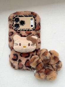 SANRIO Ốp điện thoại họa tiết da báo, lông xù, hình mèo KT, tương thích với Apple 17PROMAX/16pro/15/14/13/12/11, có khe giữ ống kính, thiết kế mèo báo lông xù, ốp điện thoại ấm áp cho mùa thu/đông. - Nhiều màu - Xem 5