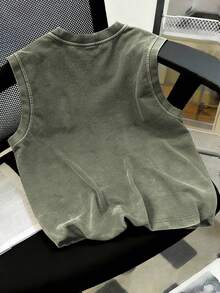 超大款做旧灰色无袖背心，宽松复古水洗风格，宽肩剪裁，休闲百搭夏季单品 - 墨綠色 - 查看 2