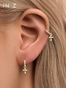 1pc Dainty 925 Sterling Silver CZ Pendant With A Cross Zirconia Set With Three-Diamond Huggie Hoop Earrings With Dangling Charm,Hypoallergenic Gold Earrings,For Women's Daily Wear - Three Diamonds + Cross - View 6