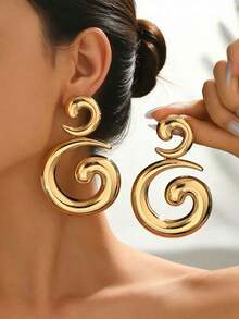 Fashionable Exaggerated Personalized Gold Spiral Geometric Pendant Earrings, Elegant Design Versatile Jewelry For Women, Suitable For Daily Wear, Party, Gathering - 黃金 - 查看 5