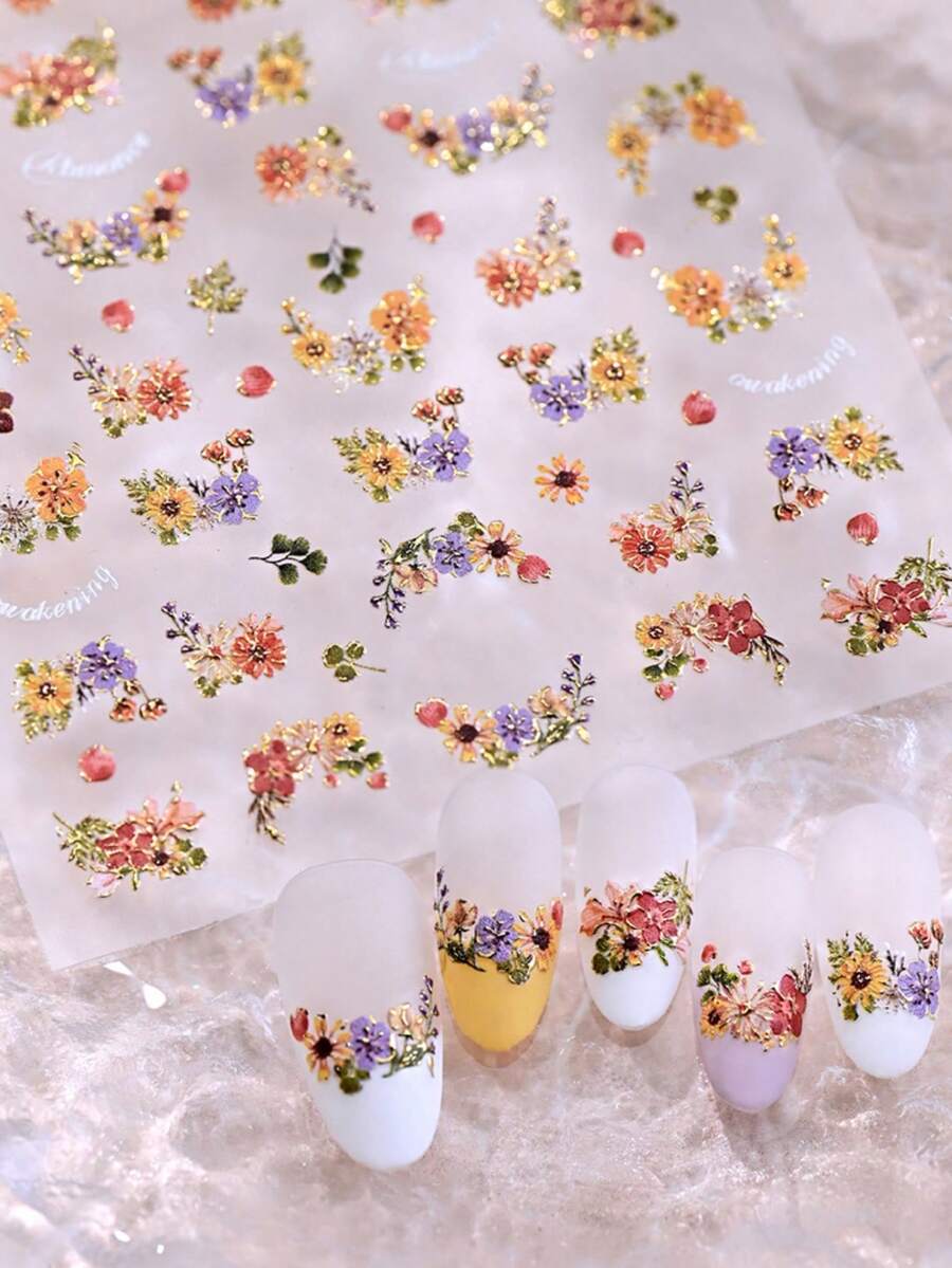 1张复古花卉春季美甲贴纸 5D浮雕金属金色雏菊桃花叶子美甲贴花 可爱花朵DIY美甲装饰美甲贴纸