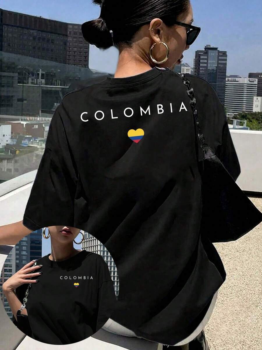 Women's Letter Print Tshirt Colombia, Heart Flag Shortsleeved Round Neck Casual Top, Medium Elastic Breathable Fabric, Machine Washable In Spring And Summer, Suitable For Summer Wear, Comfortable Style,100% Cotton Summer, And Vacation Women's Casual Sleeve T-Shirt, - 黑色 - 查看 1