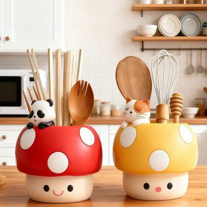 Lindo soporte para utensilios con forma de hongo, organizador de utensilios de cocina de resina con perro de dibujos animados, caja de almacenamiento de cubiertos para la encimera para espátula, cuchara, palillos, utensilios, soporte multifuncional para bolígrafos para escritorio, oficina en casa, decoración de cocina linda, regalo de inauguración de la casa para amantes de la cocina, almacenamiento de cocina, organizador de encimera