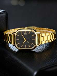 SOKI SOKI Battery-Powered Quartz Watch With Calendar Function, Retro Style, Casual Fashionable, Adjustable Strap Length, Minimalist Square Dial, Comes With Bracelet Jewelry Set. Suitable For Daily Wear, Birthday, Back To School, Thanksgiving, Couples, And An Excellent Gift Choice (No Gift Box Included) - Gold - View 4