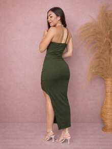 Long Draped Bodycon Dress With Single Straps And Slit - 軍綠色 - 查看 5