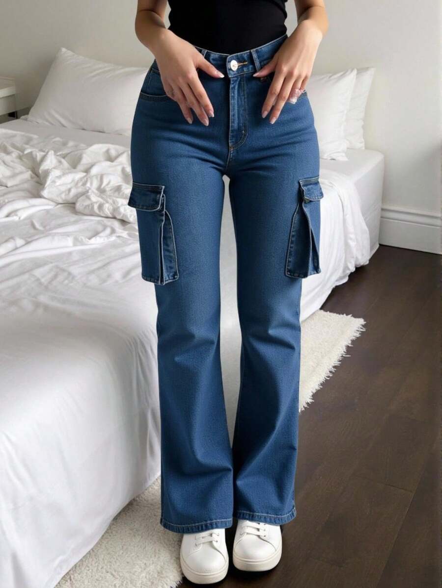 Jeans de Mezclilla Flare Cargo-Pantalón de Mezclilla Flare Cargo de Tiro Alto con Bolsillos Laterales - AZUL H005 - Ver 1