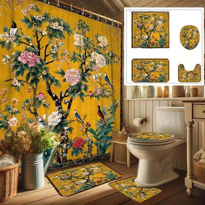 1/4pcs Chinese Style Retro Floral & Bird Printed Shower Curtain Set, Includes Shower Curtain, Bathroom Rug, Toilet Seat Cover, Machine Washable, With 12 Hooks