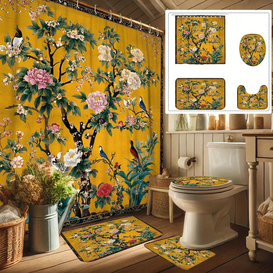 1/4pcs Chinese Style Retro Floral & Bird Printed Shower Curtain Set, Includes Shower Curtain, Bathroom Rug, Toilet Seat Cover, Machine Washable, With 12 Hooks - A - View 1