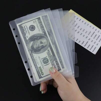 一套A6六孔活页夹，黑白预算信封，带索引分隔页的六孔发票整理器，硬质PP塑料活页信封，替换内页，笔记本配件，方便学习、收纳、办公、会计使用