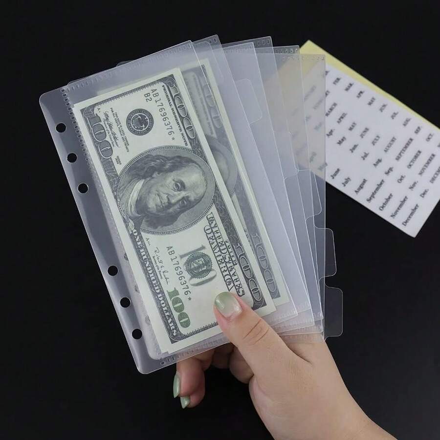 一套A6六孔活页夹,黑白预算信封,带索引分隔页的六孔发票整理器,硬质PP塑料活页信封,替换内页,笔记本配件,方便学习、收纳、办公、会计使用 - A - 查看 1