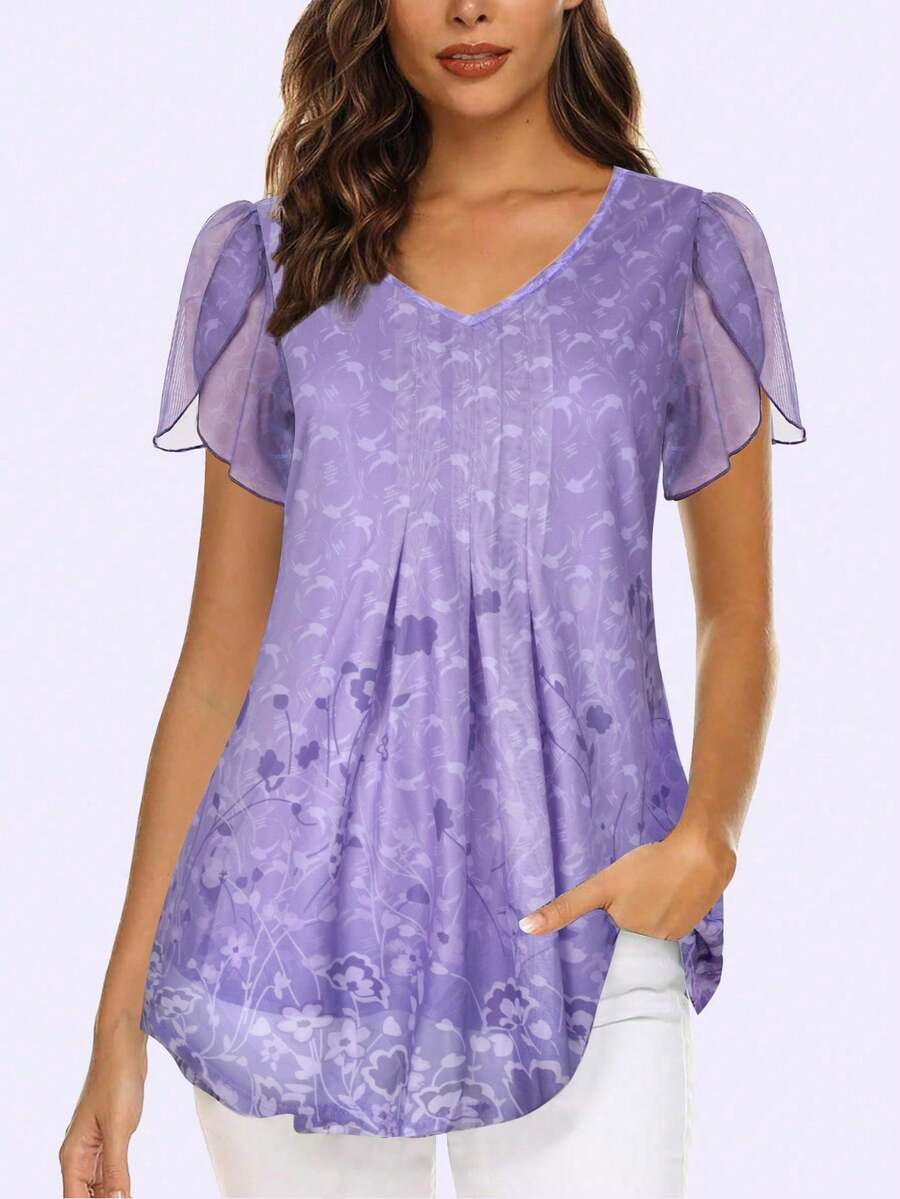 CheersLife Women's V-Neck Short Sleeve Casual Blouse With Double Layer Mesh Loose Top Vacation Summer - Lilac Purple - View 1