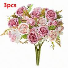 1件/3件装人造7头牡丹绣球花束，新娘捧花材料，家居、餐厅、花瓶装饰、婚礼装饰、背景装饰、花车装饰、DIY花环材料、门楣装饰、花卉材料、情人节礼物、秋季装饰 - 沙紅色 - 查看 7