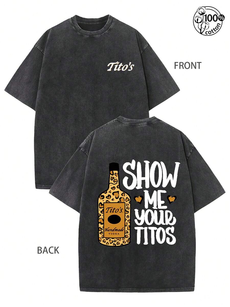 Tito's Vodka Inspired "Show Me Your Titos" Leopard Print Washed Cotton Oversized T-Shirt, Funny Drinking Graphic Party Tee,230G Washed High-Quality Cotton Printed T-Shirt; Suitable For Parties, Retro Streetwear, And Fashionable Daily Casual Wear, Y2k Clothing Is An Ideal Choice For Party Enthusiasts And Wine Culture Enthusiasts - 黑色 - 查看 1