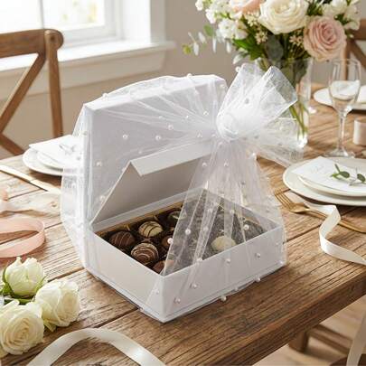 7pcs Elegant Wedding Gift Packaging Set, White Transparent Pearl Mesh Fabric With White Ribbon And Fake Baby's Breath, Favor Packaging Supplies, Gift Bag Mesh Packaging, DIY Wedding Gift Wrapping, Suitable For Wedding Party Favor Bags, Bridal Shower Gifts, Elegant Mesh Gift Packaging, Wedding Decor And Celebration