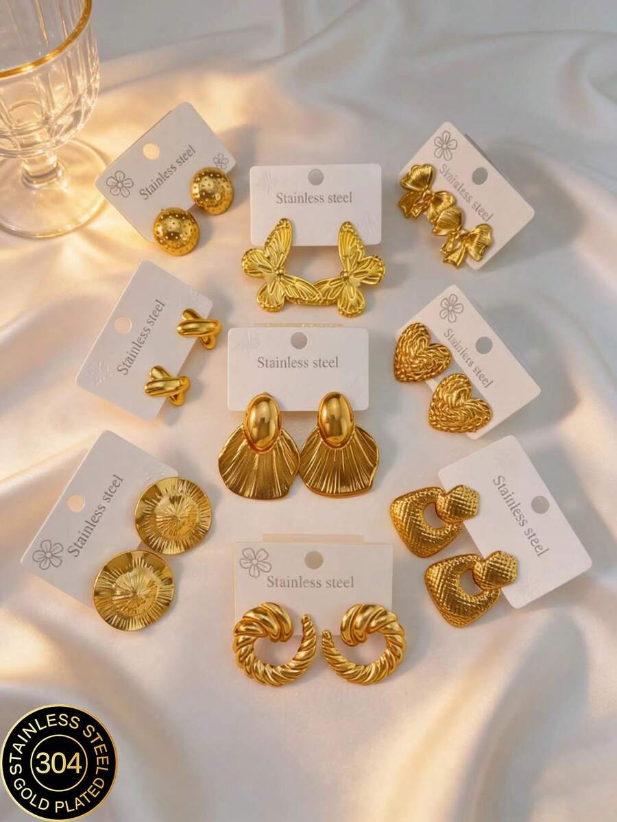 随机2对/6对套装。金色几何造型不锈钢耳环，设计精美，不锈钢饰品，女士耳环，吊坠式耳环，镀金铰链圆形耳环，竹节纹理，钻石切割，六边形，方形，圆形，蝴蝶形，心形，水滴形，永生花 - 金色 - 查看 1