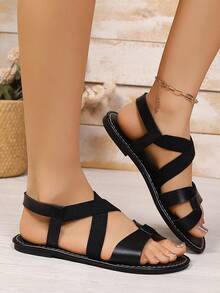 New Slip-On Flat Sandals With Elastic Cross Straps, Comfortable Non-Binding Design, Solid Black Commuter Slides For Women - Black - View 5