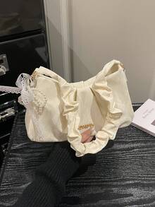 象牙色荷叶边手提包，珍珠装饰褶皱单肩包，大容量学生/通勤腋下包，多功能日常手提包 - 白色 - 查看 6