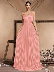Women's Elegant High Waist Pleated V-Neck Sleeveless Dress, Luxurious Metallic Knit Fabric, Oversized A-Line Silhouette, Suitable For Cocktail Party, Wedding, Anniversary, Formal Celebration, Bridal, Mother Of The Bride Gown (Heavy Embellishment) Spring - Baby Pink - View 4
