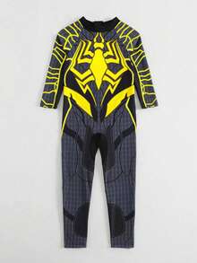 Traje de baño de una pieza con protección UV para niños pequeños, con estampado de araña abstracta de dibujos animados y manga larga - Amarillo - Ver 2