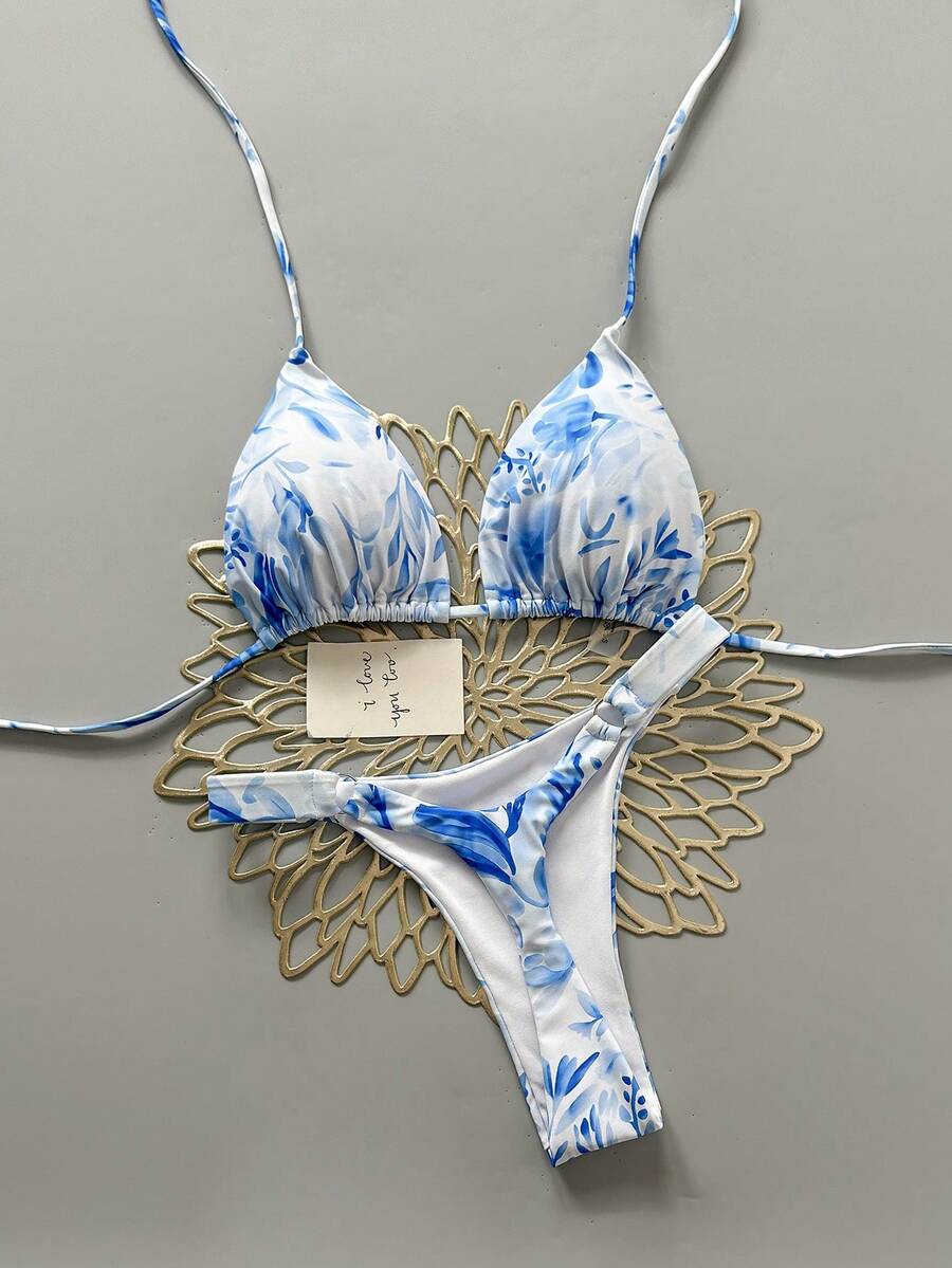 两件套休闲优雅性感波西米亚风印花系带编织比基尼泳衣,适合春夏海滩度假 - 淺藍色 - 查看 1