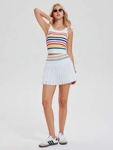 AFZ 2PCS Color-Block Cami Set Vintage-Style Camisole Top Paired With A Pleated Skirt That Features Built-In Shorts And Hidden Pockets. Retro Casual Sporty Style, Perfect For Tennis And Golf - regnbåge - Visa 1
