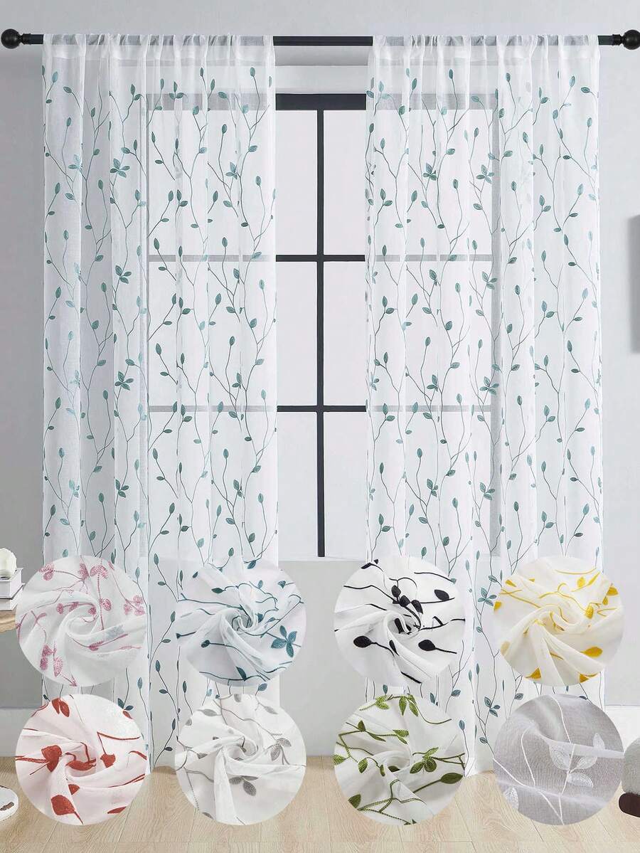 1pc Embroidered Sheer Curtain Panel, Floral Pattern, Rod Pocket Design, UV Protection, Breathable, Transparent, Polyester Material, No Lining, Suitable For Living Room, Bedroom, Dining Room - Blue - View 1