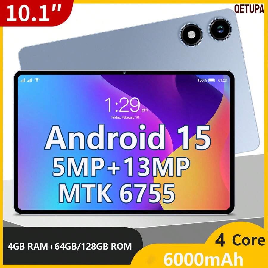 Android 15 平板电脑，10.1 英寸屏幕，4GB 运行内存 + 64GB/128GB 机身存储，搭载 MTK 6755 四核 1.3GHz 处理器，高清 (1280x800) IPS 触控屏，支持蓝牙 5.2 和 802.11ac WiFi 5，内置 GPS，前置 500 万像素摄像头，后置 1300 万像素摄像头，配备 6000mAh 大容量电池，不支持 SIM 卡，屏幕响应灵敏，色彩鲜艳，适合便携式娱乐（不含适配器）。 - 藍色 - 查看 1