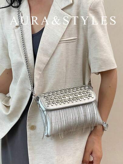 Túi vuông nhỏ đính đinh tán mới dành cho nữ, túi đeo chéo có tua rua, túi đeo vai cho nữ.
