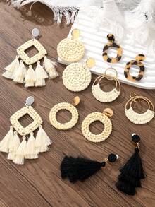 1/6对藤编耳环，女士沙滩必备流苏吊坠波西米亚风草编耳环 - 彩色 - 查看 3