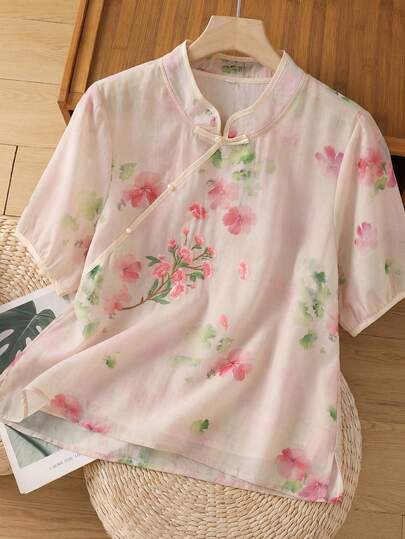 BaoLianDuo Gift For Mom Floral Embroidered Blouse, Elegant Loose Short Sleeve Top For Spring Outings, Vacation And Family Gatherings