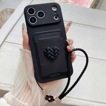 Heart 1pc Sweet & Cool Black Woven Heart Card Holder Phone Case With Matching Flower Wrist Strap, Shockproof, Anti-Slip & Scratch-Resistant Phone Case | Exclusive For IPhone 17 Pro Max | Compatible With IPhone 17/16/15/14/13/12/11 Series, S20-S25 Series, Note 14/13/12 Series & A56 5G | Perfect Valentine's Day / New Year Gift.