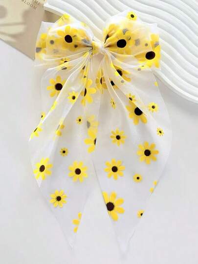 Clip de pelo con lazo extra grande de malla con girasol para mujeres, accesorio de pelo para la parte posterior de la cabeza, estampado hawaiano de moda temperamento con flujo largo de primavera, clip de pelo semi recogido adecuado para uso diario, vacaciones, playa y mar, accesorio de pelo regalo para niñas para días festivos