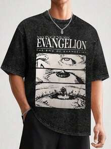 EWH Men's Loose Retro Washed T-Shirt, New Century Evangelio EVA Anime Print, Washed And Worn Loose Casual Short Sleeved ShirtDG004,Cosplay - 咖啡棕 - 查看 9