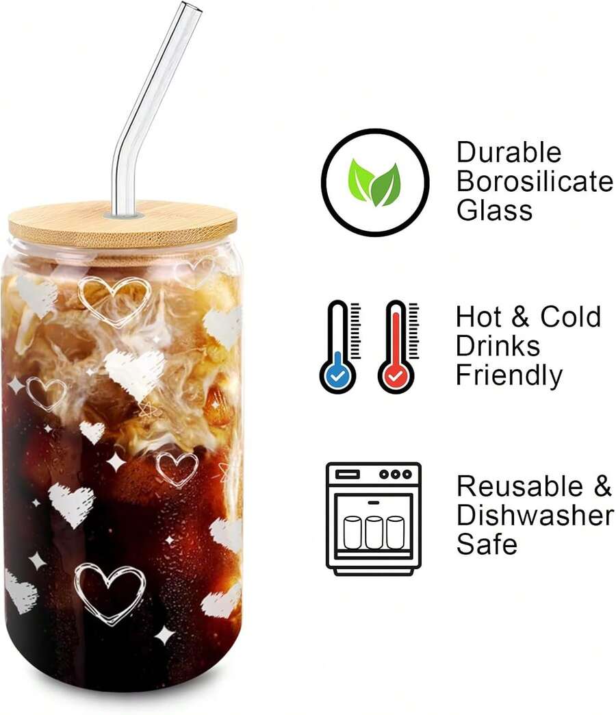 Glass Cups With Lids And Straws 1Pack,Glass Coffee Cups,Glass Cup With Lid For Iced Coffee,Frozen Drinks, Mixed Drinks, Draft Beer, Spirits, Carbonated Drinks, Matcha Lattes,16 Oz Glass Tumbler With Bamboo Lid, 1 Cleaning Brush - 心形-1個 - 查看 1