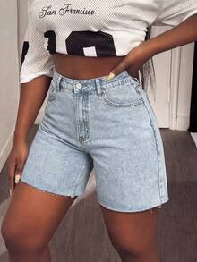 大码浅蓝色做旧毛边高腰弹力牛仔七分短裤，适合约会、外出、夏季酷女孩风格，显瘦，复古百搭休闲风 - 淺藍 - 查看 7
