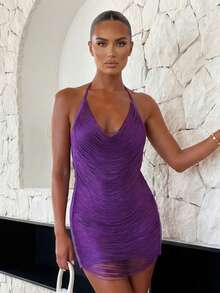 Vestido de mujer con cuello halter y borlas, sin mangas, espalda descubierta, ajustado, minivestido, ideal para salir de fiesta. - Morado - Ver 4