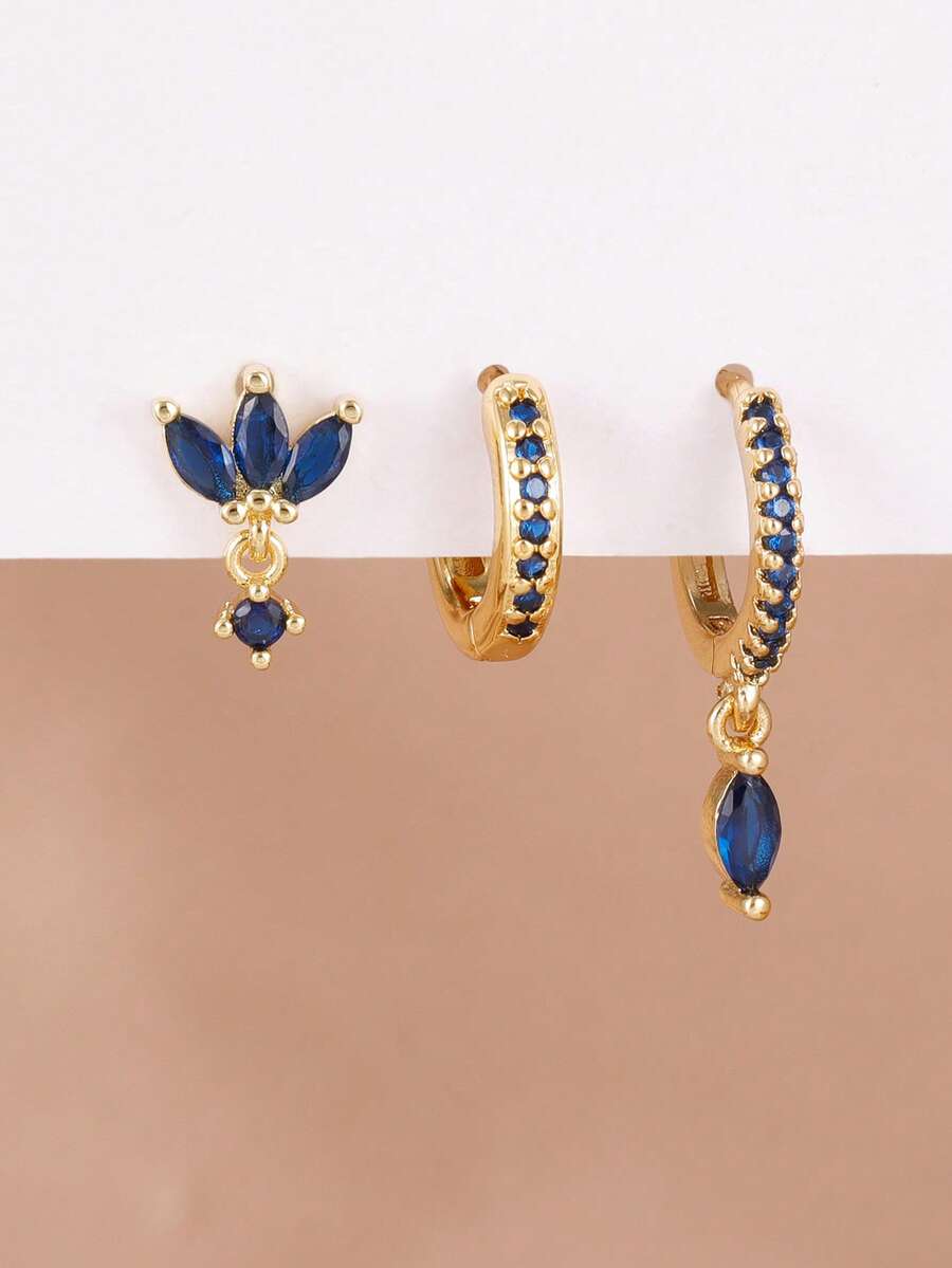 3PCS Luxury Cubic Zirconia Horse Eye Dangle Earrings Sets For Women 18K Gold Plated Geometry Stud Earrings Fashion Elegant Aesthetic Jewelry - 3PCS-gold 3 - View 1