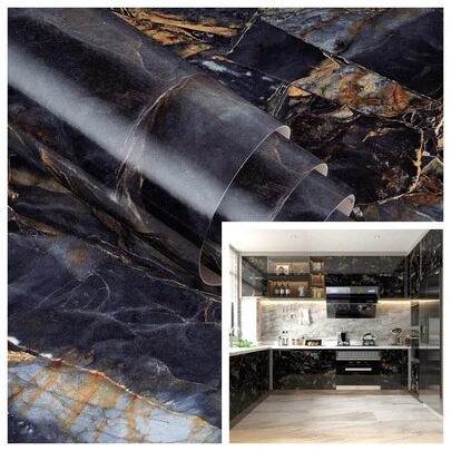 1 Roll Of Black Gold Marble Pattern Self-Adhesive Wallpaper, Light Luxury Modern Style Kitchen Bathroom Waterproof Decorative Wallpaper Kitchen Countertop Decorative Film With Removable Marble Pattern Self-Adhesive Wallpaper Suitable For Cabinets, Liners, Splash Plates, And Tabletops 15.7inx39.3/118.1/196.8in Marble Pattern Self-Adhesive Wallpaper